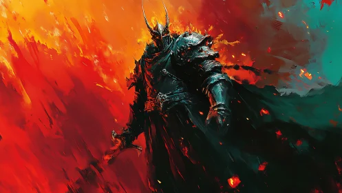 Flaming dark warlord strides through inferno battlefield.