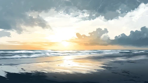 Sunlit waves mirror storm clouds on tranquil shore.