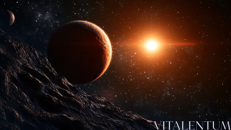 Crimson sunrise over distant planets and rocky frontier.