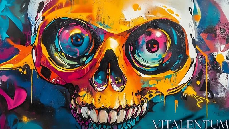Neon skull graffiti erupts in bold dripping color and energy.