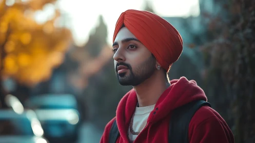 Portrait of young man in red turban walking outdoors.