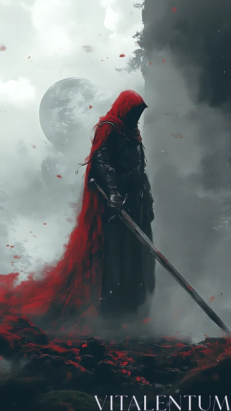 Red cloaked warrior stands under moonlit fog in desaturated field