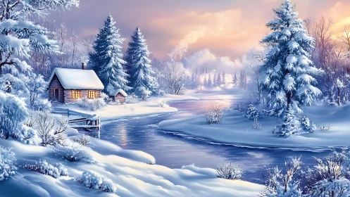 Snow-dusted riverside cabin glowing in winter hush.