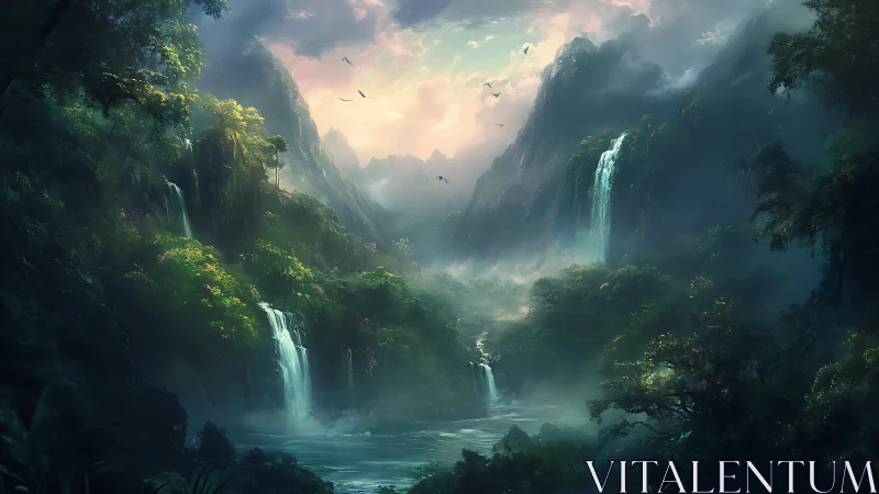 Misty mountainous valley with waterfalls and dense forests.