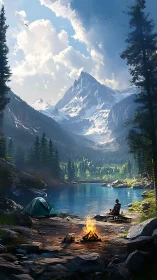 Lakeside mountain camp glows under towering alpine peaks.