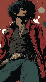 Stylized rebel stands under bold graphic sky in profile