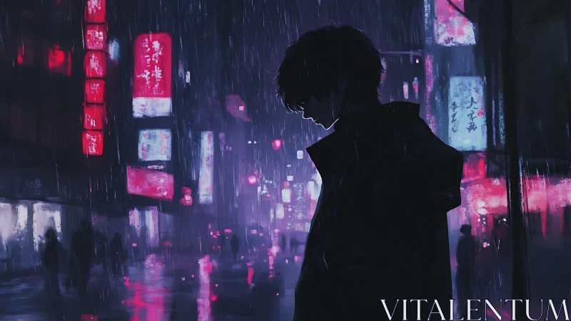 Silhouetted figure stands in rainy neon-lit urban street