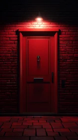 Red exterior door illuminated by overhead wall light