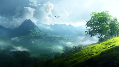 Sunlit hillside opening onto misty green mountain peace.