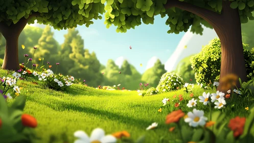 Sunny meadow glows beneath lush trees and wildflowers.