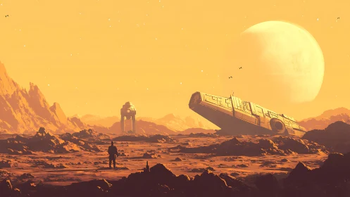 Stranded explorer studies crashed starship on barren planet