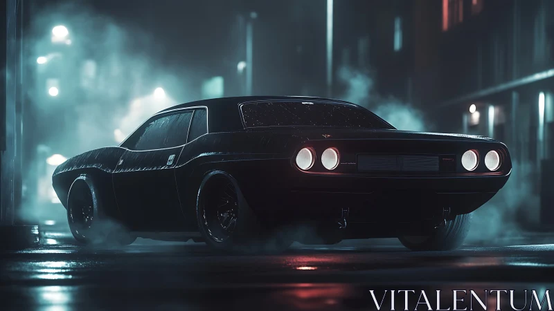Midnight muscle car idling in cinematic neon fog scene.
