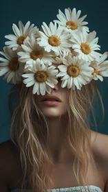 Soft portrait of woman veiled in white daisies and mystery
