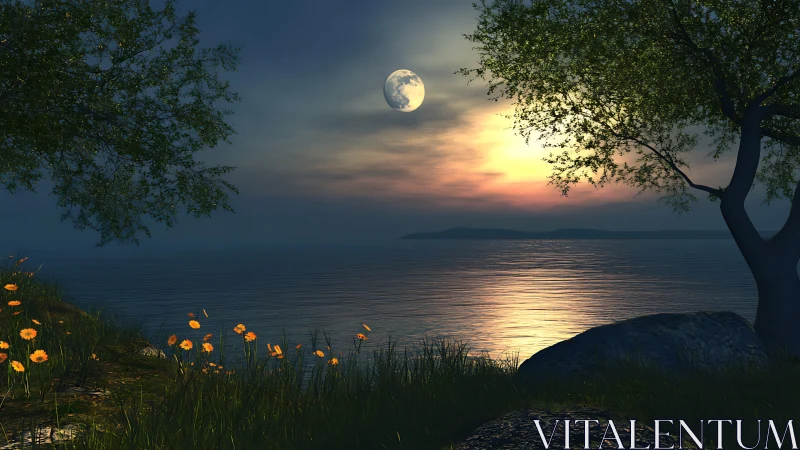 Calm lakeside horizon with moon, sunset and shoreline trees.