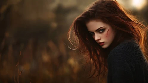 Cinematic portrait of scarred woman in dusk field, warm bokeh