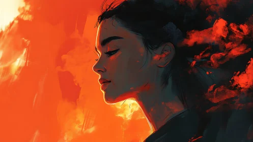 Fiery Profile Against Glowing Orange Sky and Flames.