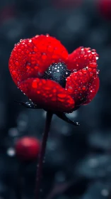 Crimson dewlit bloom glows against moody midnight bokeh.