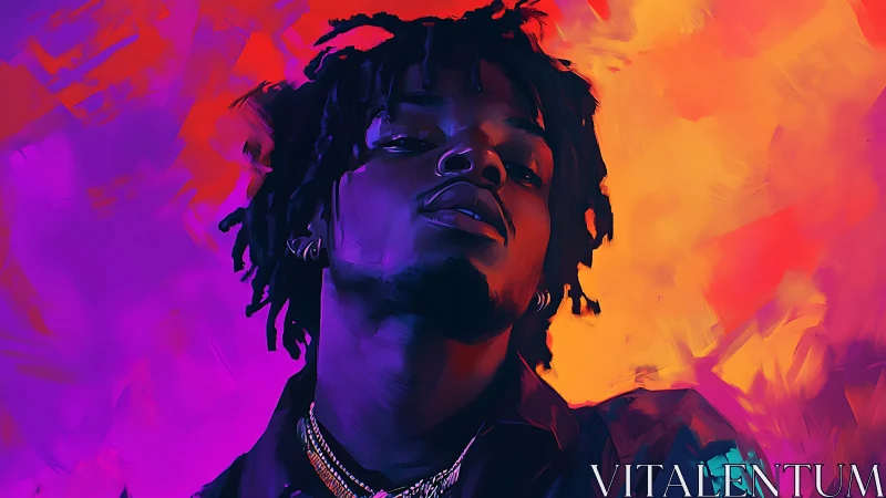 Vibrant portrait merges neon gradients with bold attitude.