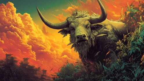 Large horned bovine in dense foliage under vivid sky.