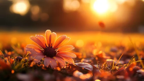 Sunlit daisy waking gently in a dewy golden meadow.