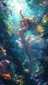 Underwater figure amid colorful fish and filtered light.