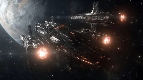 Armored starcruisers execute orbital maneuver in deep space