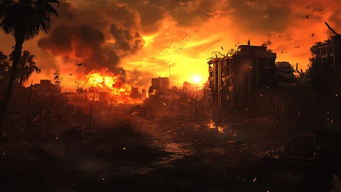 Sunset backlit urban warzone with active high-yield explosion