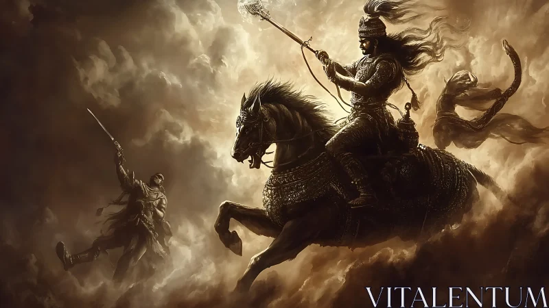 Armored horse warrior charging through stormlit battle clouds.