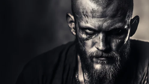 High-contrast gritty portrait of intense battle-hardened man.