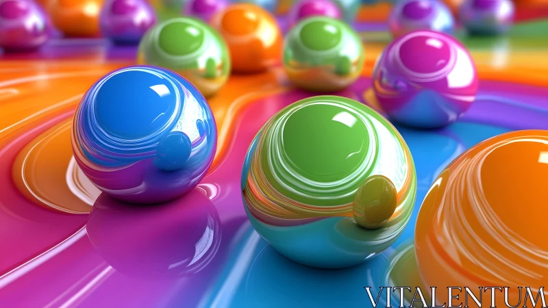 Orbiting candy spheres surf a glossy rainbow river of light