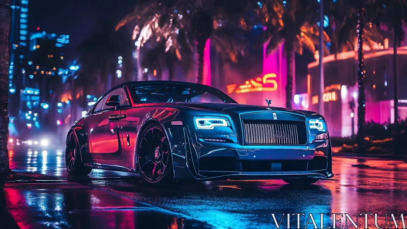 Neon rain crowns a luxe midnight cruiser with electric poise