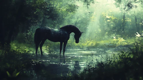 Dark horse stands in a misty forest pond under soft light.