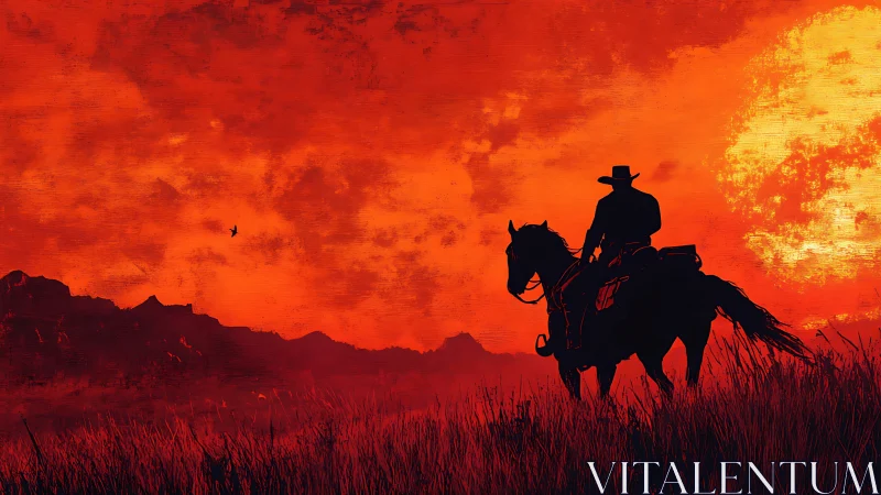 Lone cowboy silhouette on horseback in red sunset plains.