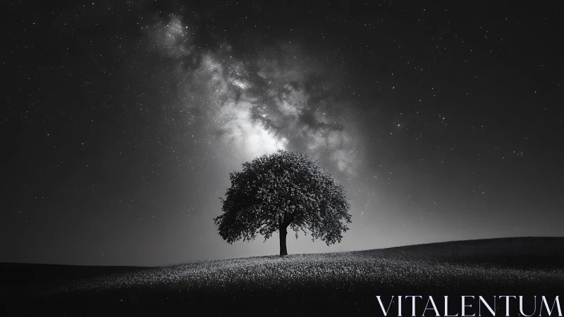 Solitary tree silhouettes below dense Milky Way galactic core