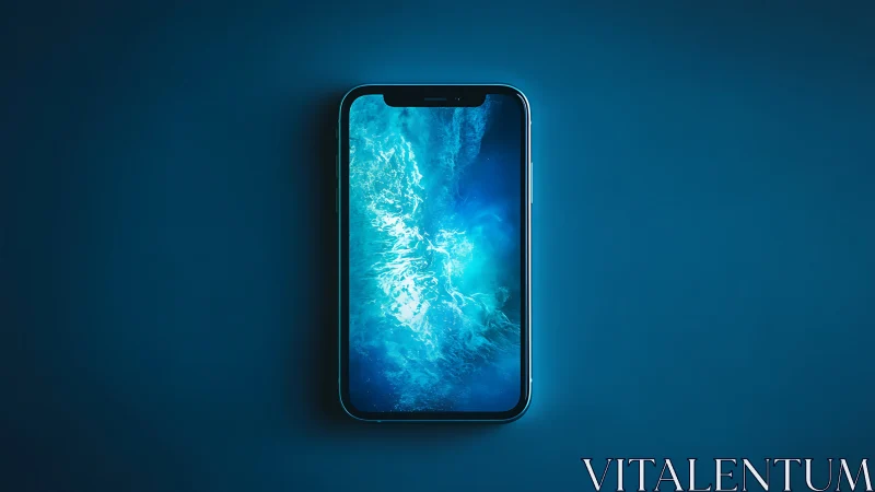 Smartphone displaying bioluminescent water texture on blue background