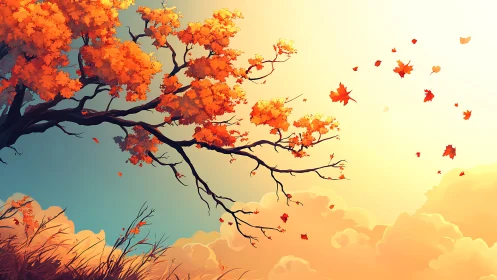 Autumn tree leans into glowing sky while leaves drift away