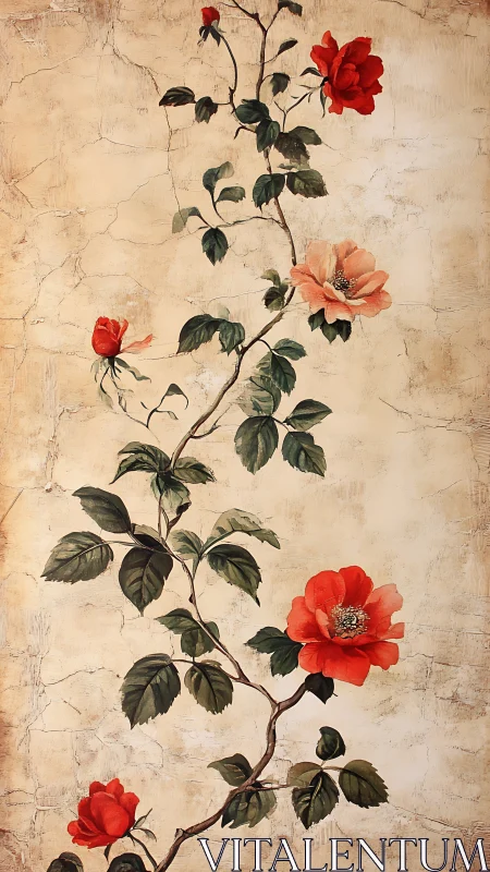 Climbing red roses unfurl softly against a vintage wall