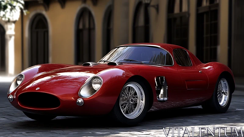 Sleek crimson vintage racer poised on cobblestone street.