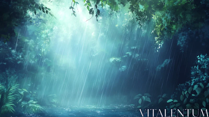 Rainfall through emerald forest canopy with bioluminescent atmospheric diffusion.