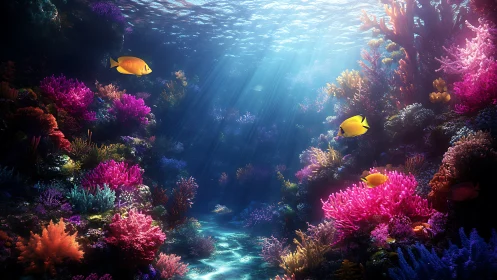 Sunlit coral kingdom where neon reefs cradle drifting fish.