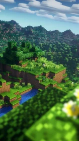 Blocky voxel landscape with hills, river and bright sky.