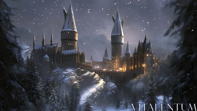 Snowy mountain castle with illuminated towers at night