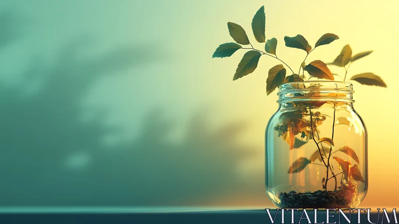 Gentle green sprig glowing softly inside a sunlit glass jar.