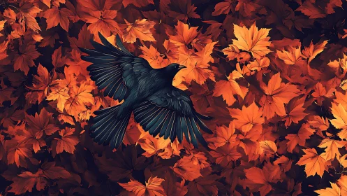 Black bird with spread wings moves over dense orange foliage