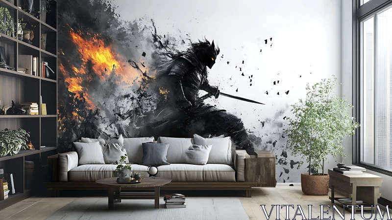 Shadowblade warrior ignites a serene modern living room wall.