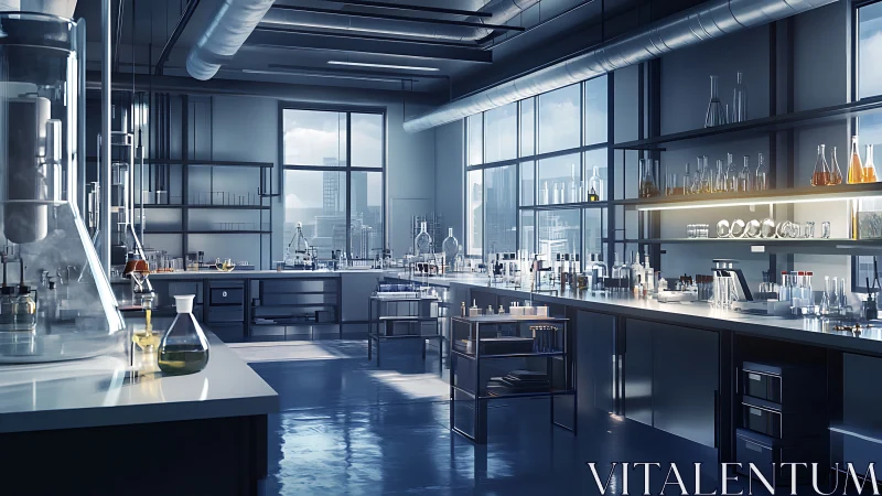 High-tech chemistry laboratory with panoramic city glazing.