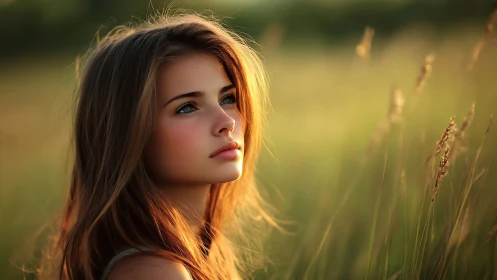 Soft backlit portrait in golden-hour meadow with shallow focus