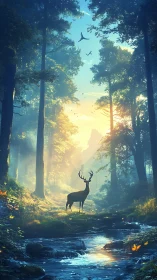 Gentle stag pauses by a sunlit forest stream in morning calm.