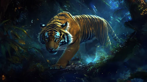 Majestic tiger wandering through a glowing moonlit jungle.
