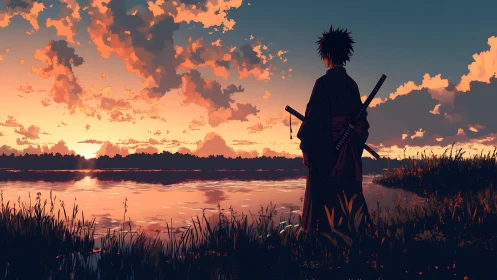 Lone samurai watches glowing river under vivid sunset sky